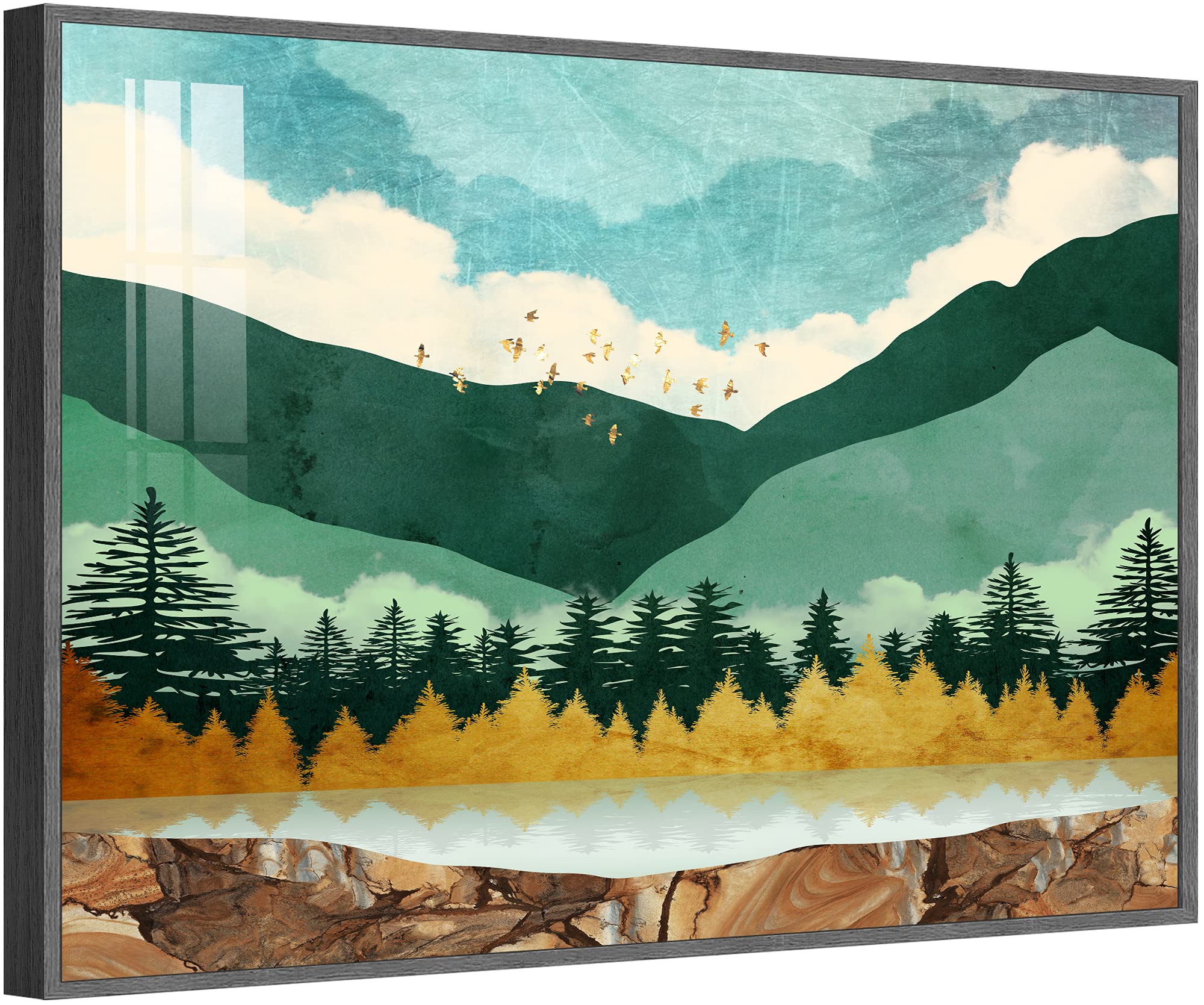 GENTLE DEER Framed Wall Art Print Abstract Nature Mountain Sunset