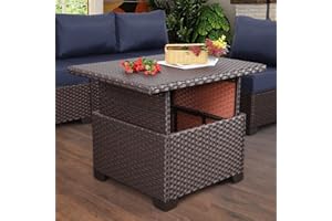 LVIDEN Patio Rattan Coffee Table with Hidden Storage, Wicker Liftable Dinning Table, Versatile Piece of Outdoor Furniture, Brown