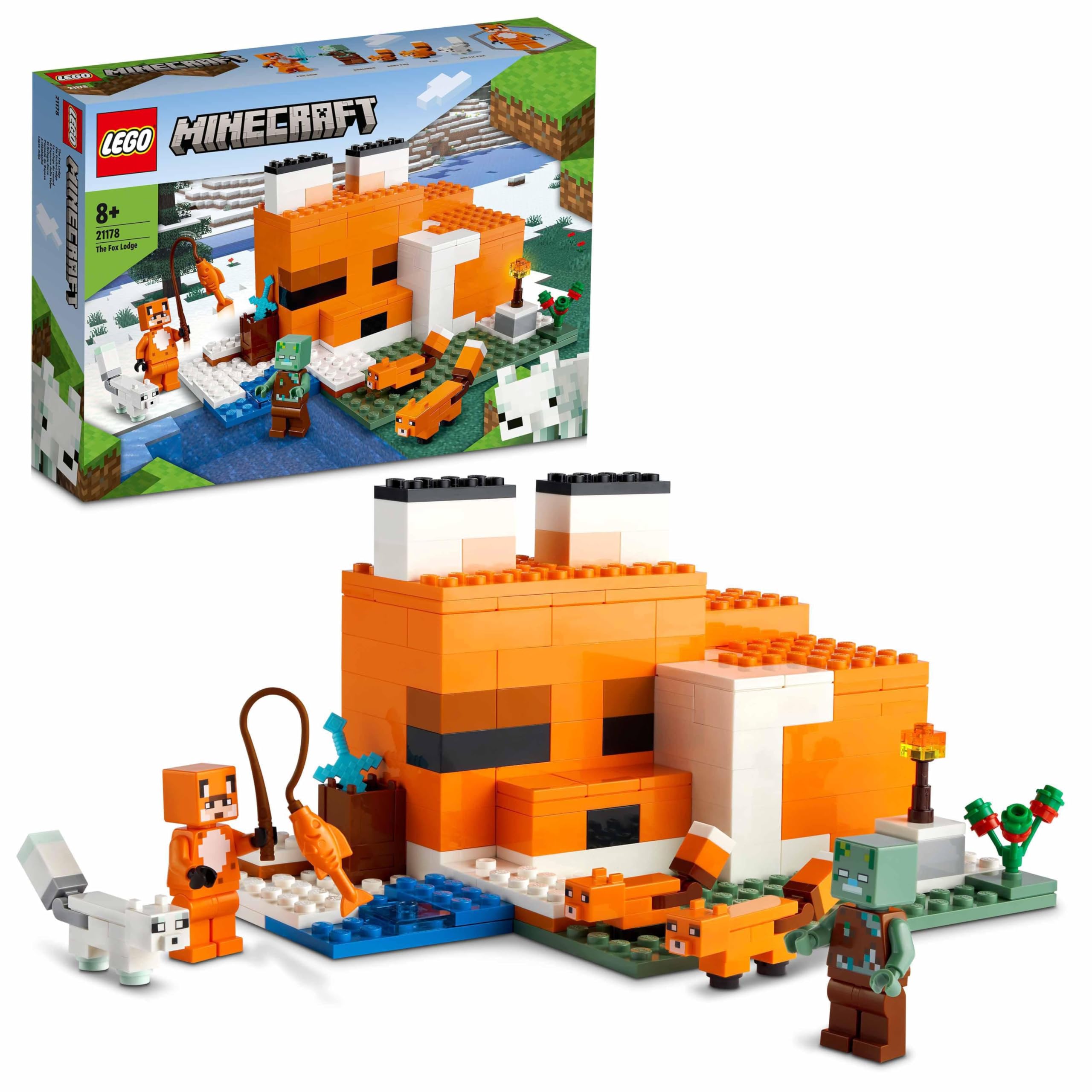 LEGO Minecraft The Fox Lodge - Play and Display House Toy with a Hero, Mob and Animal Figures plus Accessories incl. a Diamond Sword - Gaming Gift for 8+ Year Old Boys & Girls - 21178