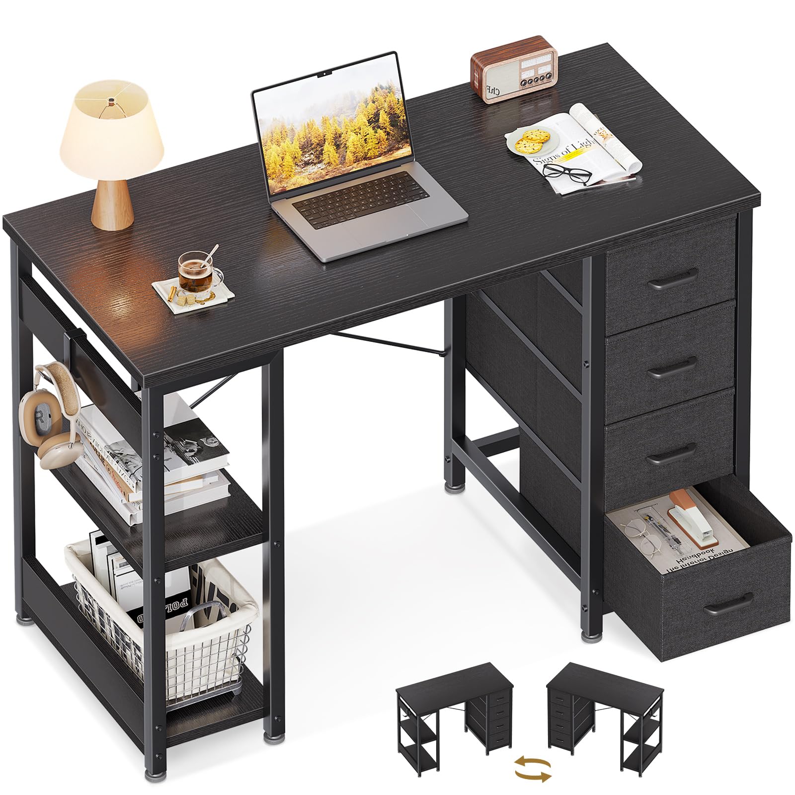 Photo 1 of ***used misssing parts ****ODK 40 Inch Small Computer Desk with 4 Fabric Drawers, Modern Writing PC Desk for Small Spaces, Study & Home Office Desk with Storage Shelves, Black