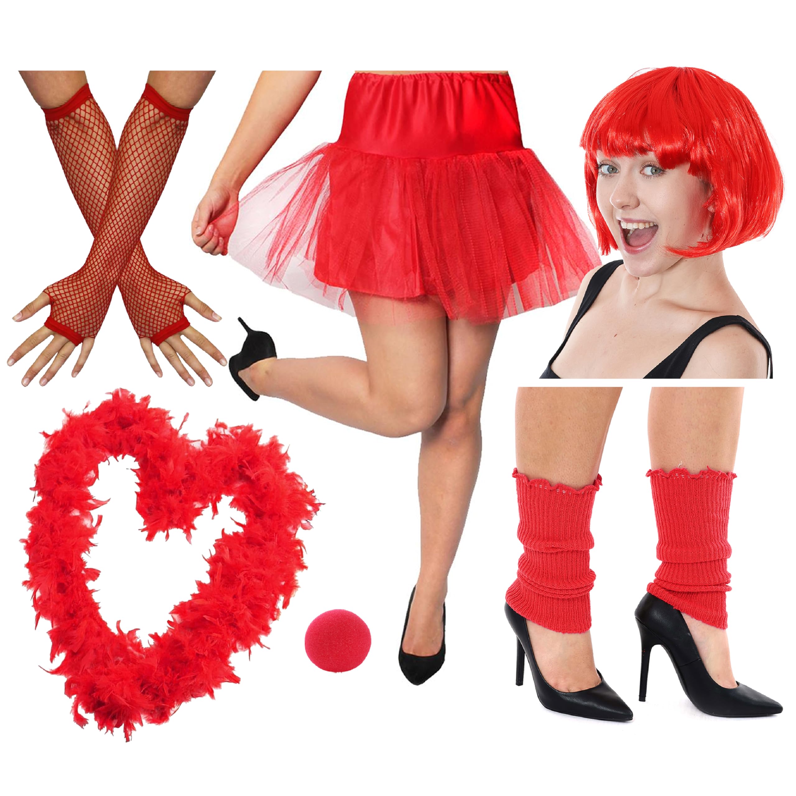 Red Nose Accessory Set - Sponge Nose, Bob Wig, Feather Boa, Long Fishnet Gloves, Tutu and Leg Warmers - Perfect for Any Fancy Dress