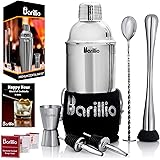 Elite Cocktail Shaker Set Bartender Kit by BARILLIO: 24 oz Stainless Steel Martini Mixer, Muddler, Mixing Spoon, jigger, 2 liquor pourers, Velvet Bag, Recipes Booklet & eBook