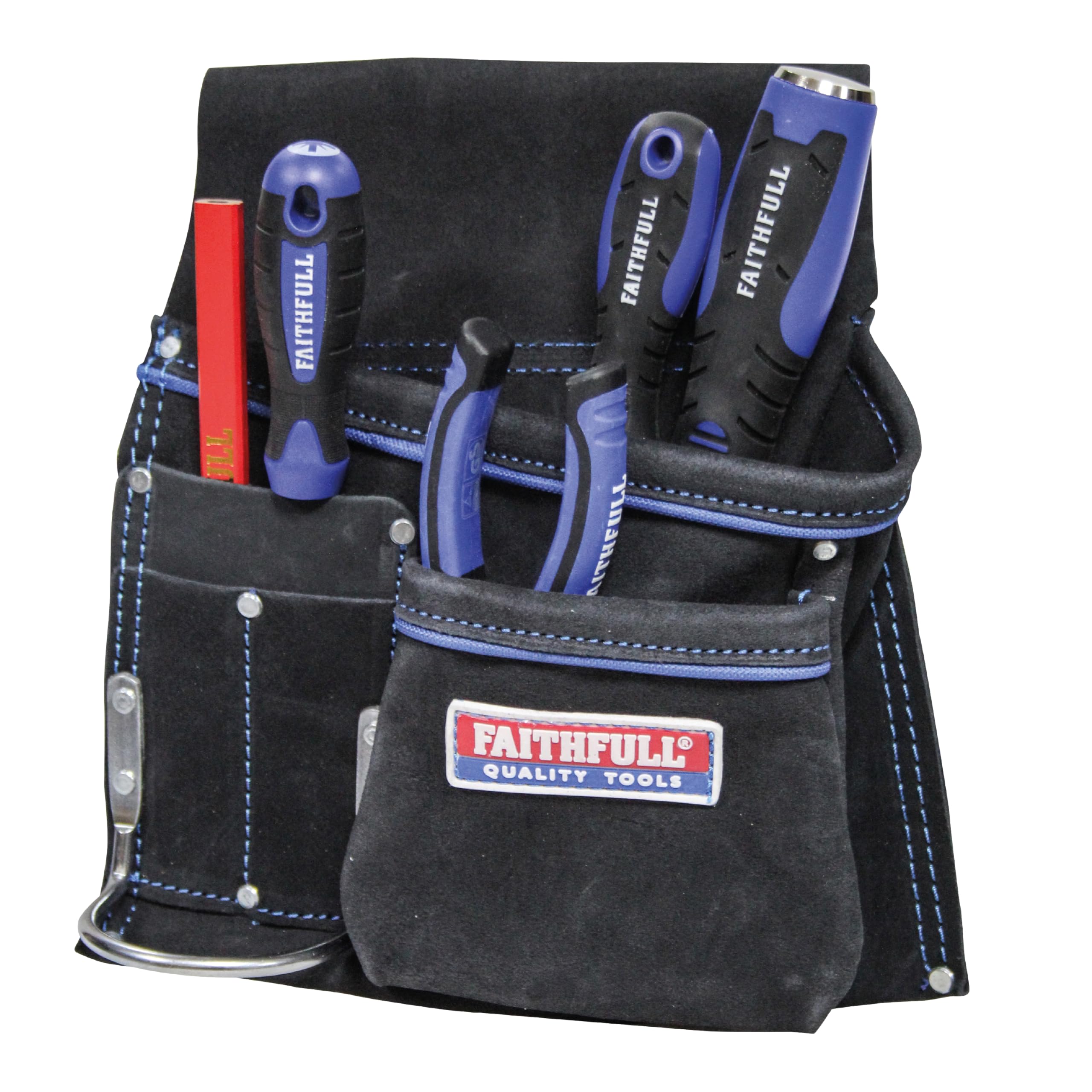 Faithfull Suede Leather Double Tool & Nail Pouch – 10 Pocket Tool Belt with Hammer Loops & Adjustable Webbing Belt (Fit: 29-46 Inch) for Carpenters, Roofers & Joiners – Black. Tools not included.