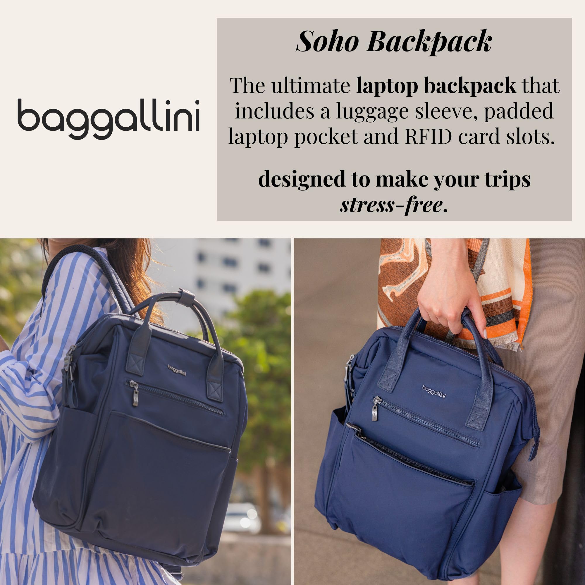 Baggallini Soho Backpack - Travel Laptop Backpack for Women - Lightweight Water-Resistant Luggage Bag, Black