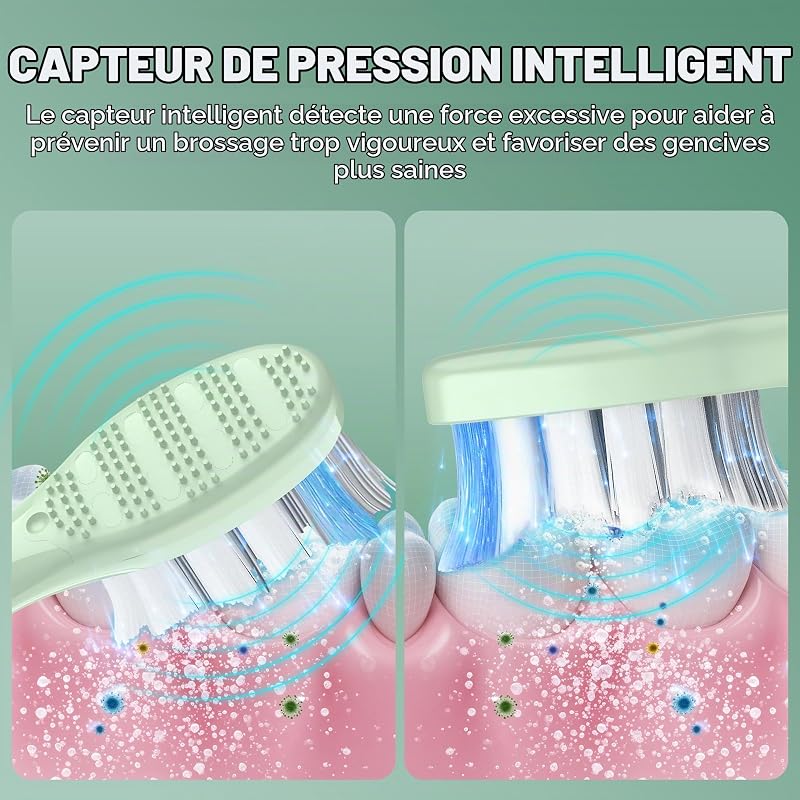Brosse à dents sonique pour adultes, brosse à dents électrique rechargeable avec 5 modes de nettoyage, 3 niveaux d'intensité, capteur de pression intelligent (Vert)