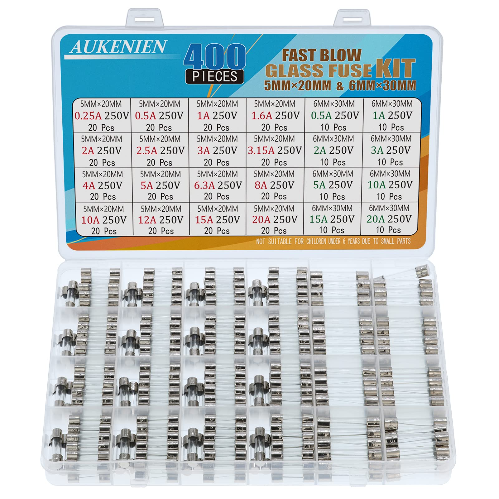 AUKENIEN Fast Blow Glass Fuses Kit 24 Values 400pcs 5x20mm 0.25A 0.5A 1A 1.6A 2A 2.5A 3A 3.15A 4A 5A 6.3A 8A 10A 12A 15A 20A 250V 6x30mm 0.5A 1A 2A 3A 5A 10A 15A 20A Quick Round Fuse Tube Assortment