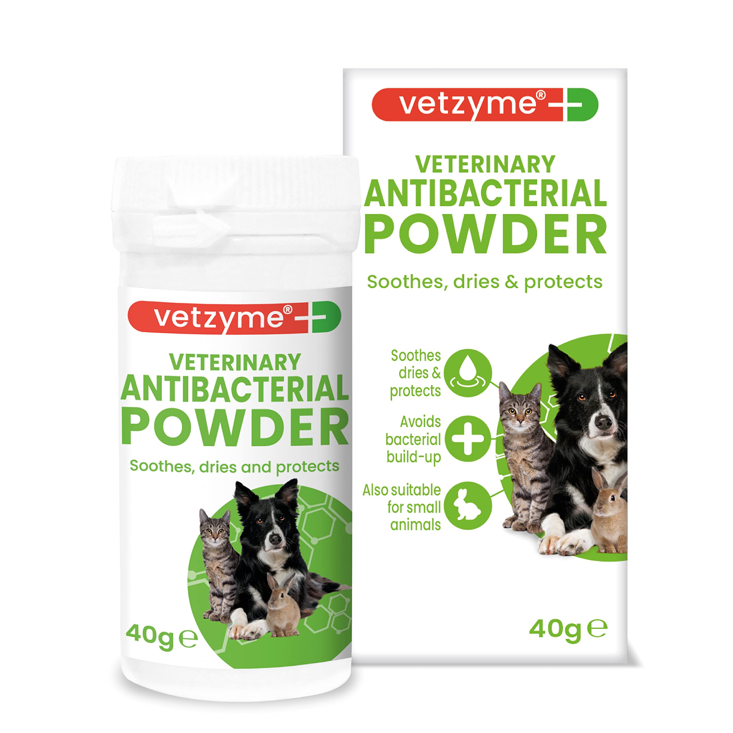 Vetzyme Veterinary Antibacterial Powder for Dogs, Cats and Small Pets - Gently Soothes, Dries and Protects the Skin From Harmful Bacteria (40g)