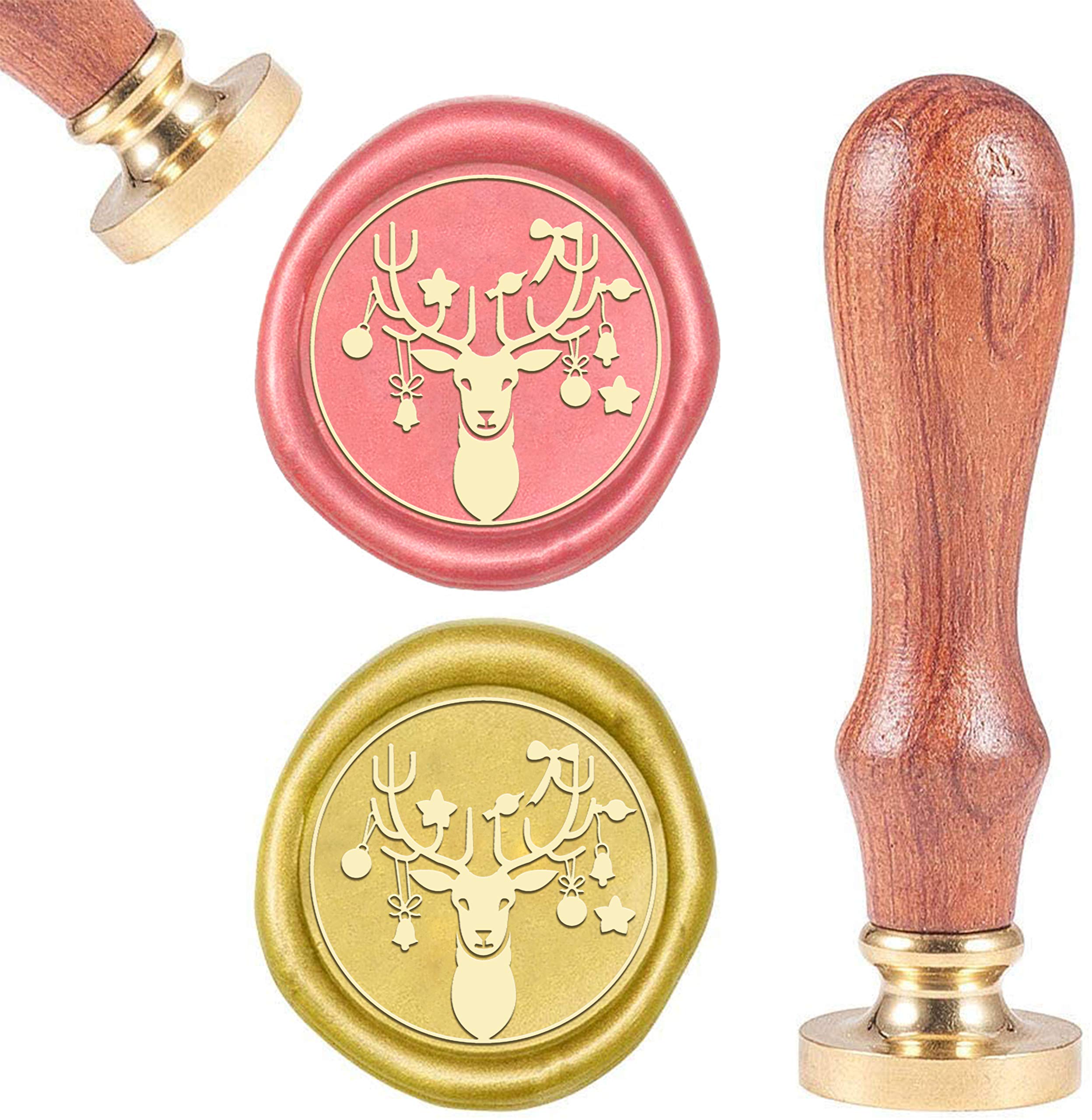 CRASPIRE Christmas Elk Wax Seal Stamp Head Vintage Wax Sealing Stamps Animal Retro 25mm Bell Star Removable Brass Head Wooden Handle Xmas for Envelopes Invitations Wine Packages Greeting Cards Wedding