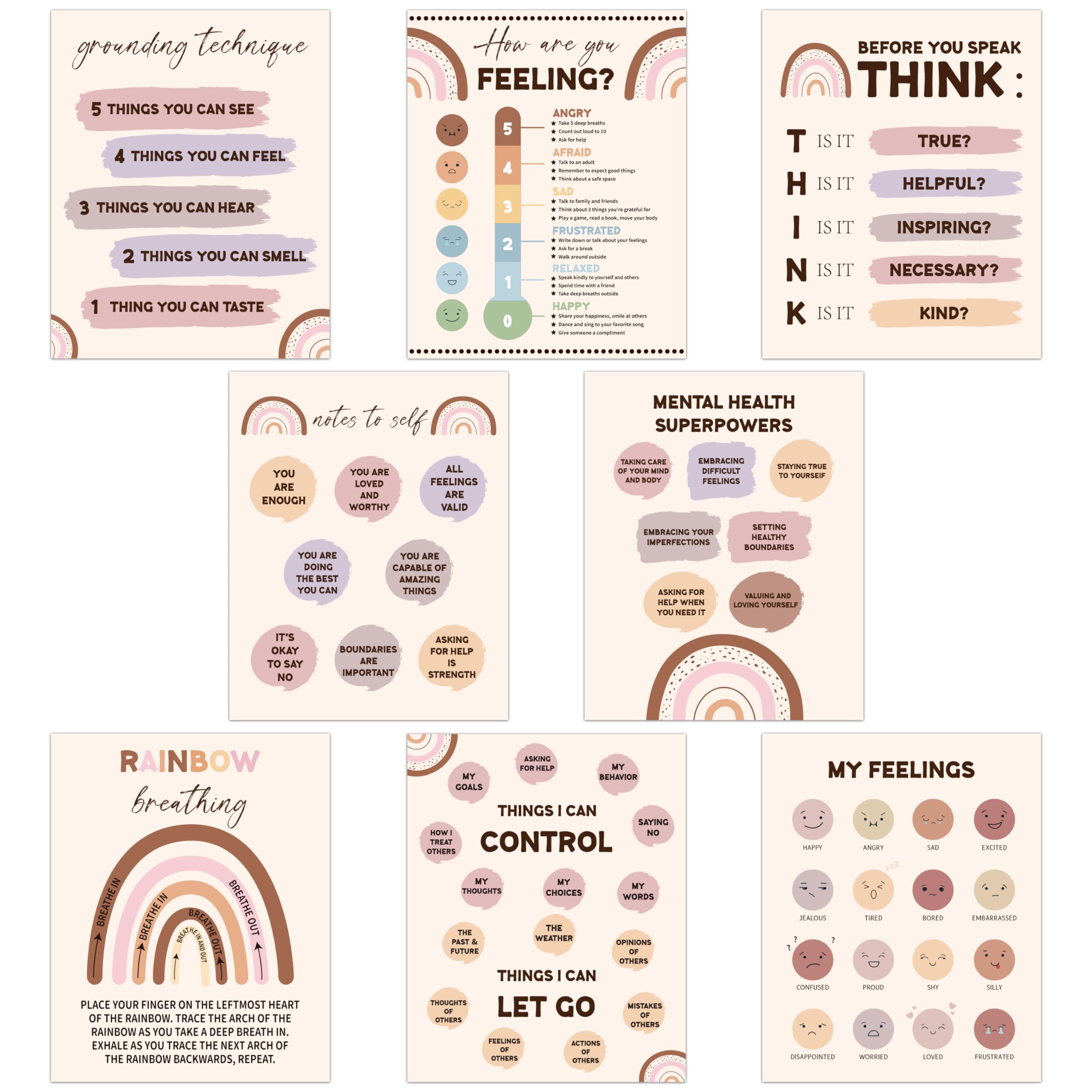 Adval9Vram Boho Calming Corner Chart - 8pcs Bohemia Rainbow Emotional Feelings Chart Poster, Wall Art Prints Children Preschool Education Supplies Mental Health Printed Posters for Classroom School