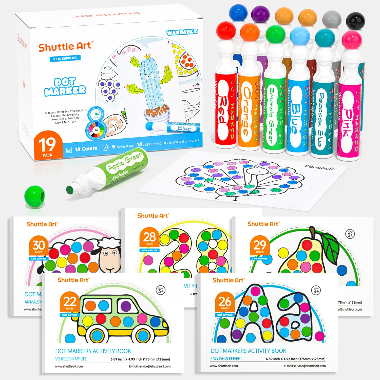 Shuttle Art Dot Markers, 14 Colors Bingo Daubers with 135 Patterns, 5 Activity Books, Educational Set With Art Activities,Non-Toxic Washable Coloring Markers
