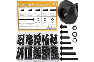 150 Pieces M6 Screws Nuts Washers Set Black, Sutemribor M6 x 10/12/16/20/25/30/35mm Button Head Socket Cap Screws Nuts Washers Assortment Kit, 10.9 Grade Alloy Steel, Fully Threaded