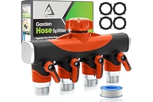 DBR TECH 4 Way Hose Splitter (Superior Durability), Premium Garden Hoses Connector, 4 Way Heavy Duty Water Valve for Spigot Faucet Bib, Four Outlet with On Off Valve, Rust-Resistant Adapter, Zero Leaks, Orange