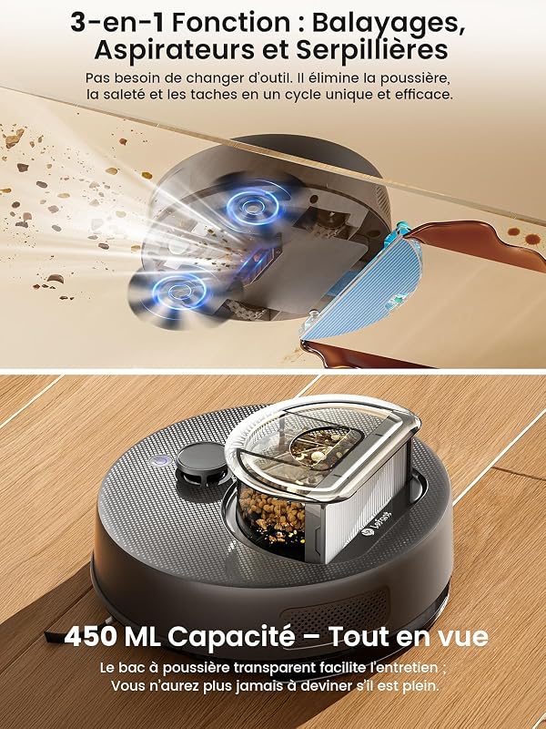 M330 Plus Robot Aspirateur Laveur Serpillière, 3en1, 5000Pa, Anti-emmêlement, Navigation LiDAR Précise, Zone Interdite Intelligente, Nettoyage Personnalisé, Idéal Sols Durs Tapis, APP/Alexa