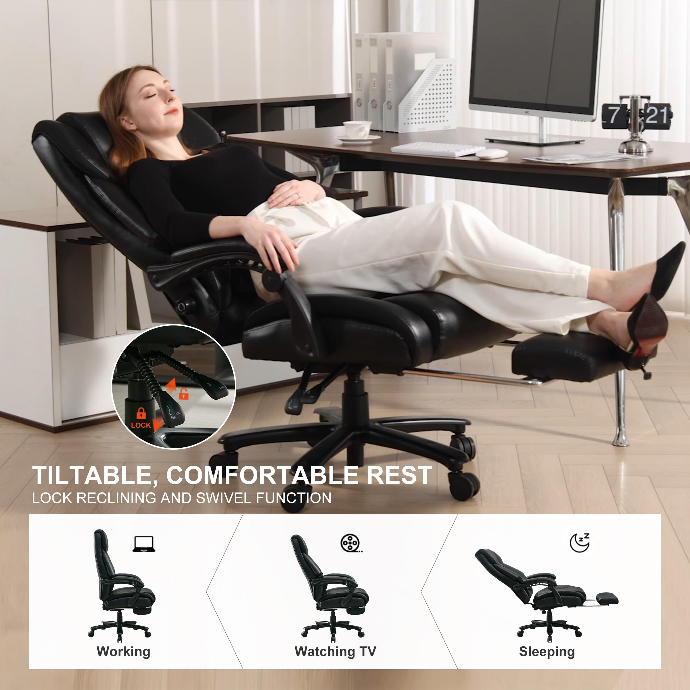 BRTHORY Bürostuhl 200KG mit Lendenwirbelstütze für Rückenschmerzen Ergonomischer Chefsessel, hohe Rückenlehne dick gepolstert Starke Metallbasis leise Räder Schreibtischstühle, 135° 6