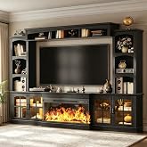 MXV 98" Modern Fireplace TV Stand, Large Wall Unit Entertainment Center with 36" Electric Fireplace, Media Console with Storage Cabinets and Open Shelves for Living Room, Black