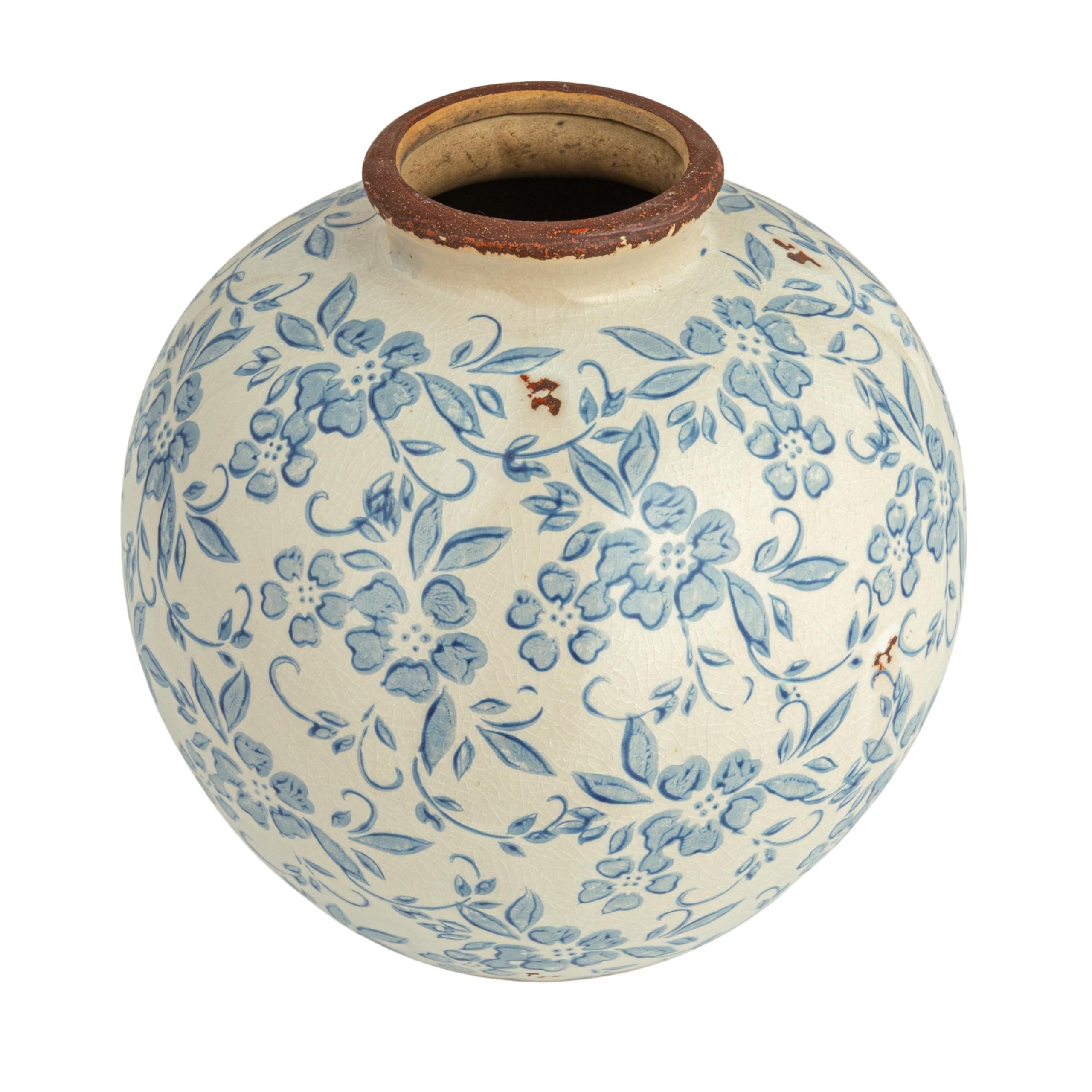 Creative Co-Op DF2720 8" H Terracotta Floral Transferware Pattern & Crackle Finish Vase, Blue