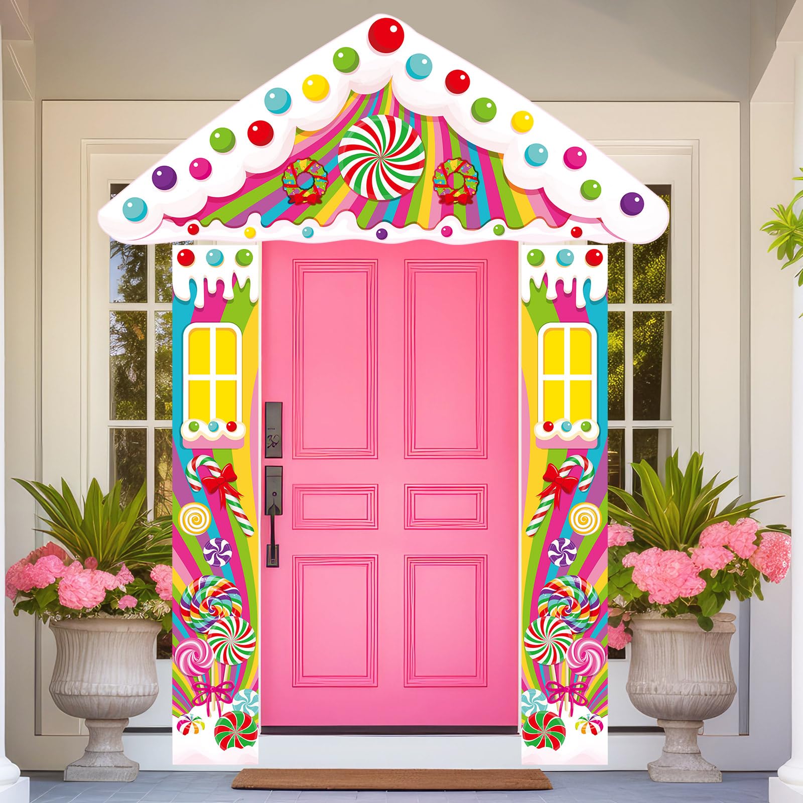 Photo 1 of Peryiter 3 Pcs Candy Door Decorations Colorful Candy Porch Signs Lollipop Door Banners for Backdrop Decor Candies Themed Birthday Baby Shower Photo Booth Props Supplies