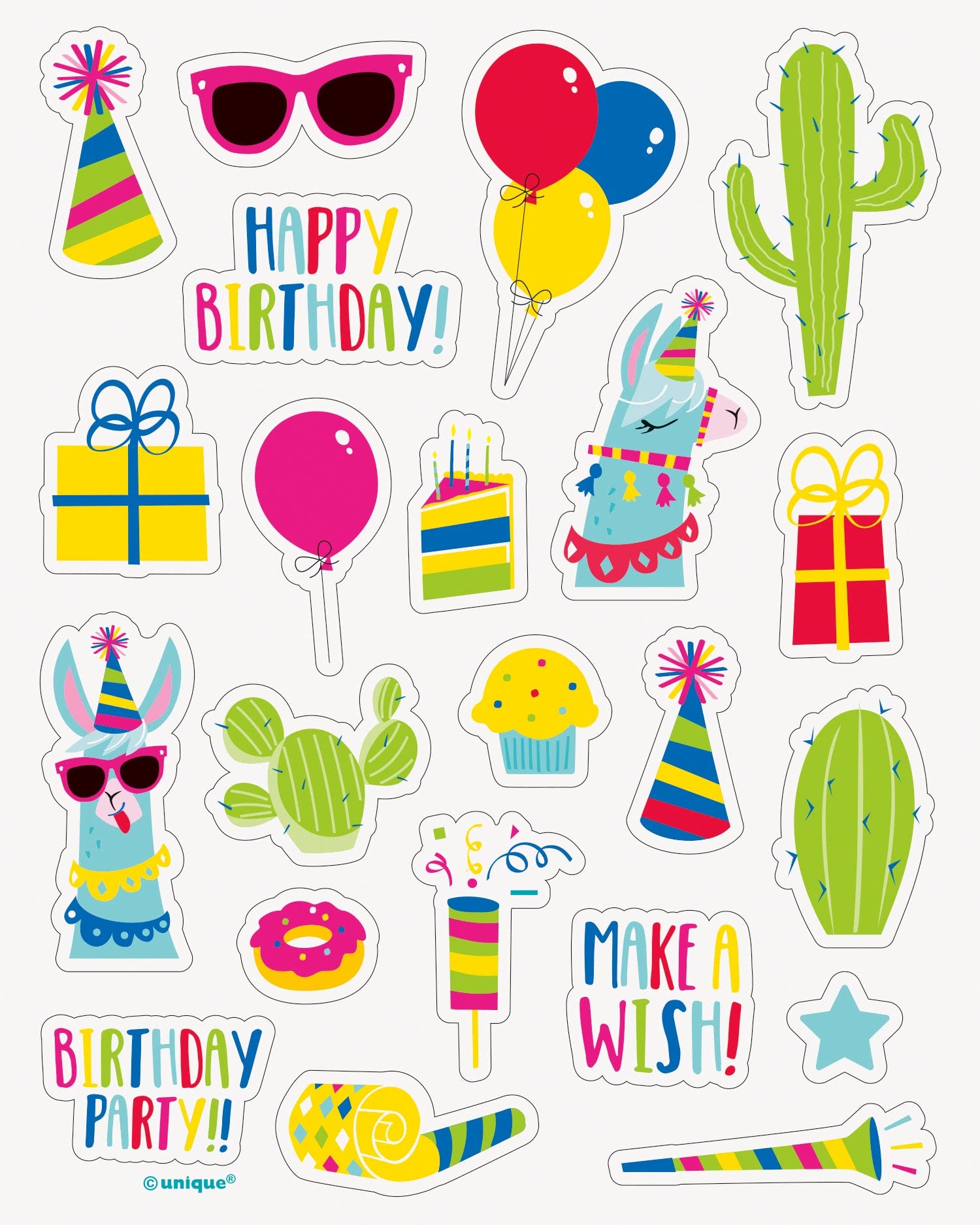 Unique 73662 Llama Birthday Party Sticker 4 Sheets, Multicolor, One Size