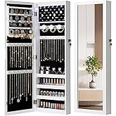 Nicetree 6 LEDs Mirror Jewelry Cabinet, Large Capacity Lockable Jewelry Armoire Organizer, Door or Wall Mounted Mirror with Jewelry Storage, Christmas Gifts, White