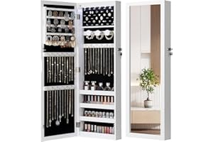 Nicetree 6 LEDs Mirror Jewelry Cabinet, Large Capacity Lockable Jewelry Armoire Organizer, Door or Wall Mounted Mirror with Jewelry Storage, Christmas Gifts, White