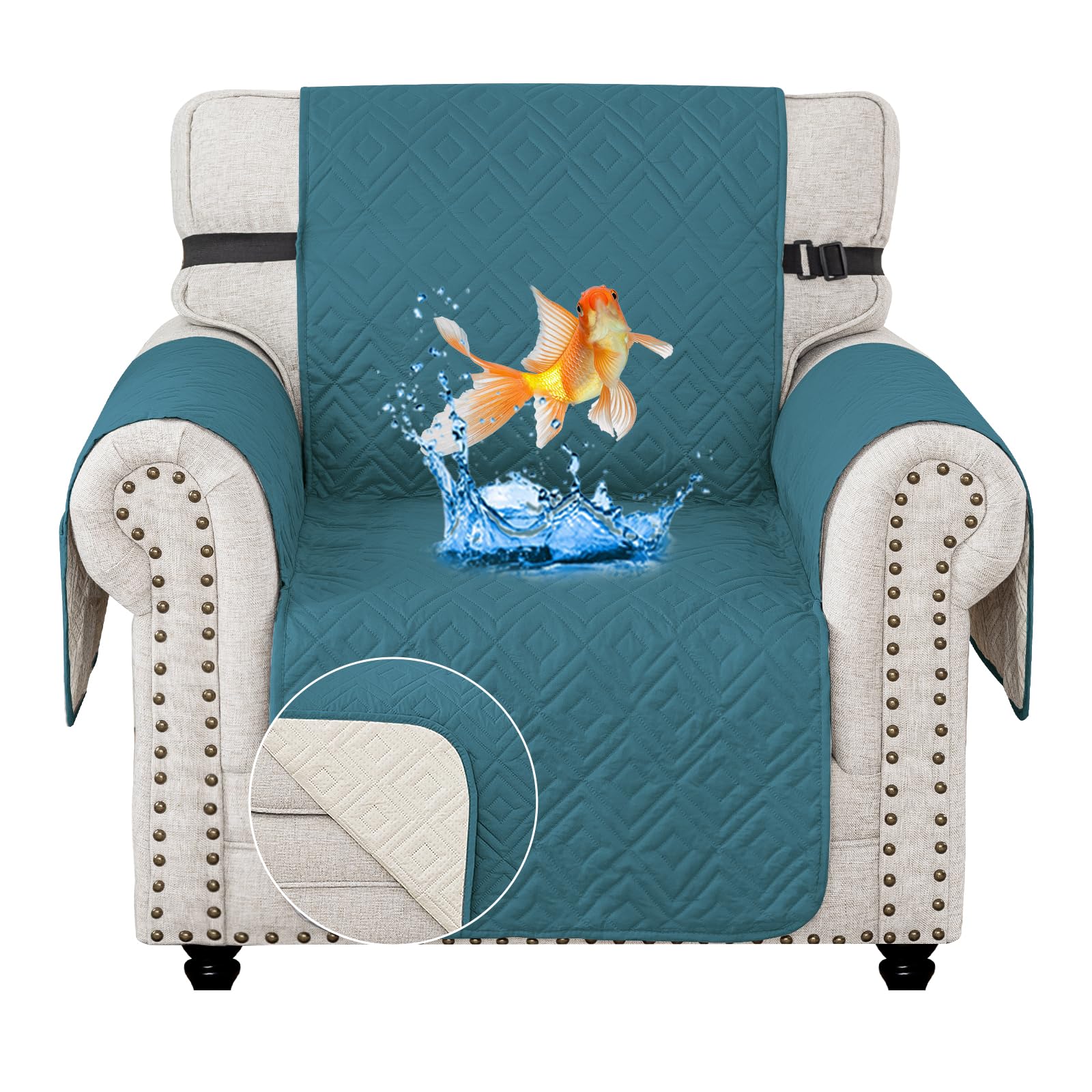 MAXIJIN Chair Covers Waterproof Sofa Slipcovers Non-Slip 1 Seater Sofa Protectors with Elastic Straps Reversible Universal Couch Covers for Dogs, Pets, kids (Blackish Green, 1 Seater)