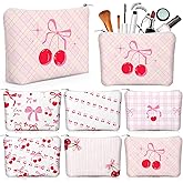 Kacctyen 6 Pcs Pink Cherry Bow Coquette Makeup Bag Cute Bow Canvas Cosmetic Bag Gifts for Women Girl with Zipper Aesthetic Travel Stuff Small Pouch for Birthday Party Favor
