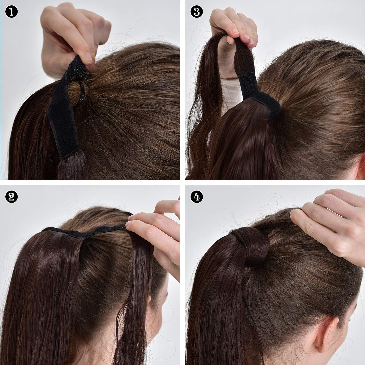 FESHFEN Straight Ponytail Extensions Long Wrap Around Ponytail Synthetic Clip in Pony Tail Hair Extensions Medium Brown Hairpiece for Women 24 inch - Image 5