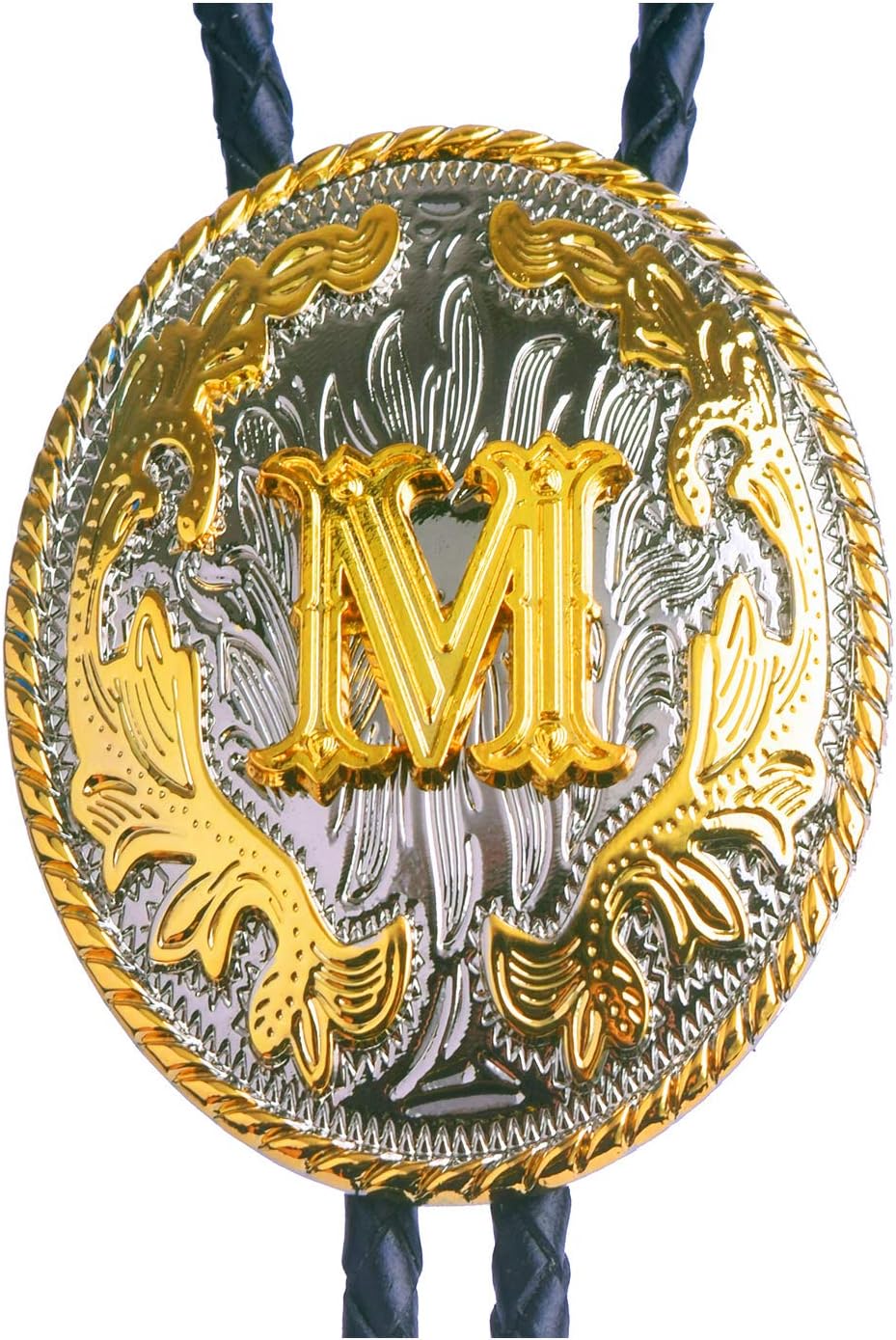 Golden Western Bolo Tie Initial Letter A to Z in Round Flower Cowboy with Cowhide Rope Necktie