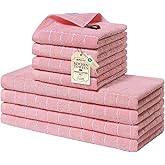 Homaxy Kitchen Towels and Dishcloths Set, 12 x 12 and 13 x 28 Inches, Set of 8 Bulk Cotton Terry Kitchen Towels Set, Checkered Designed, Soft and Super Absorbent Dish Towels, Pink