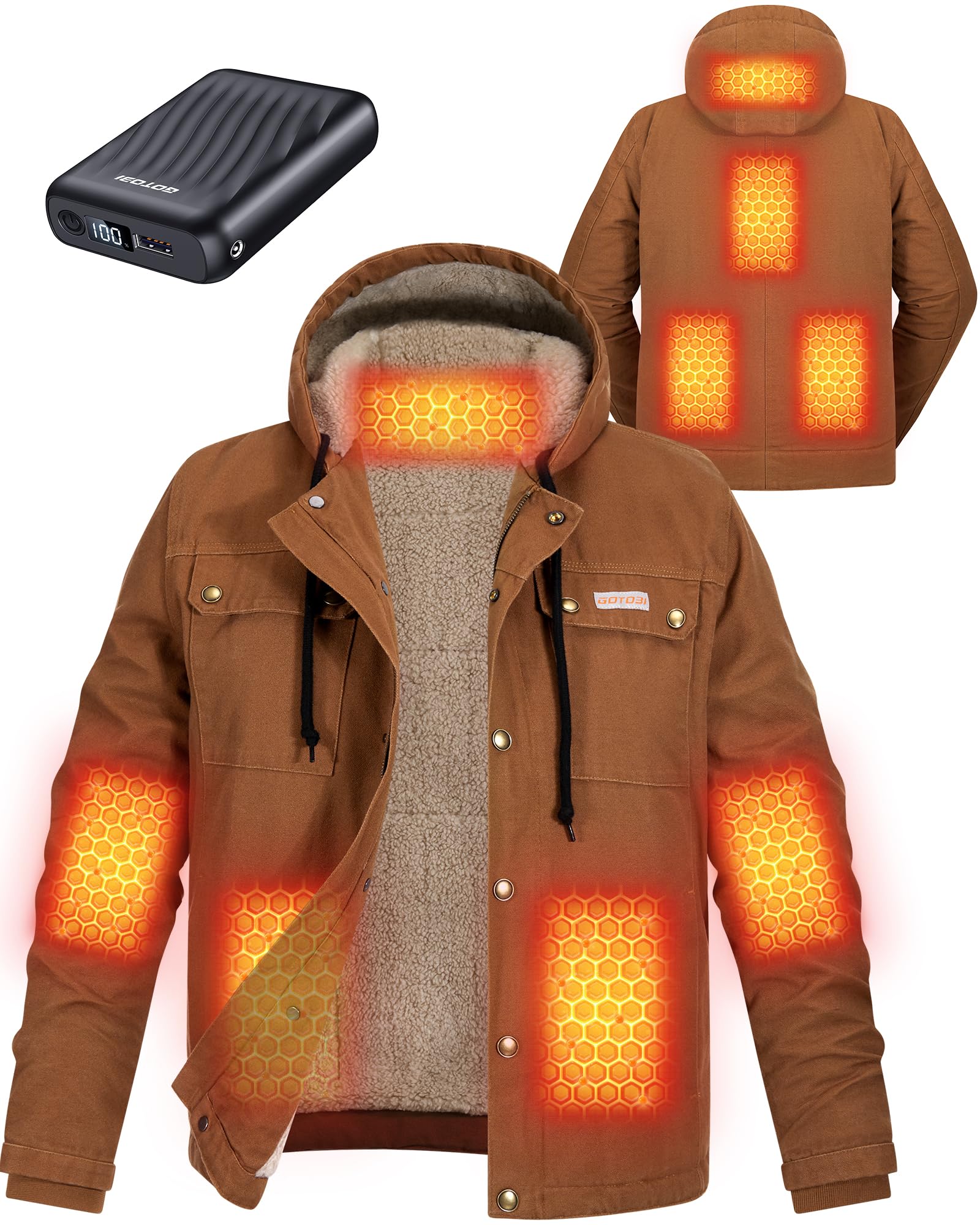 Photo 1 of ***FACTORY SEALED*** GOTOBI Graphene Canvas Heated Jackets for Men with 12V 18400mAh Battery Pack, Thermal Hooded Work Coat with Sherpa Lining