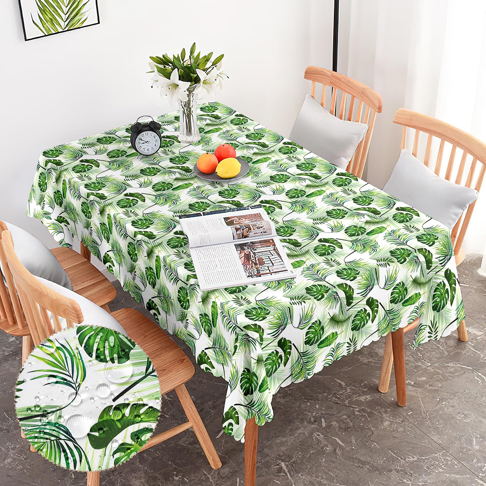 G-dake Tablecloth Wipe Clean Rectangular, Hawaiian Polyester Table Cloth Waterproof Wrinkle and Stain Resistant Tropical Palm Leaf Table Cover for Kitchen Dinner Picnic Party Outdoor (140x180cm)