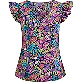 winkbay Women's Boho Floral Print Ruffle Cap Sleeve Blouse Summer V Neck Beach Vacation Tops