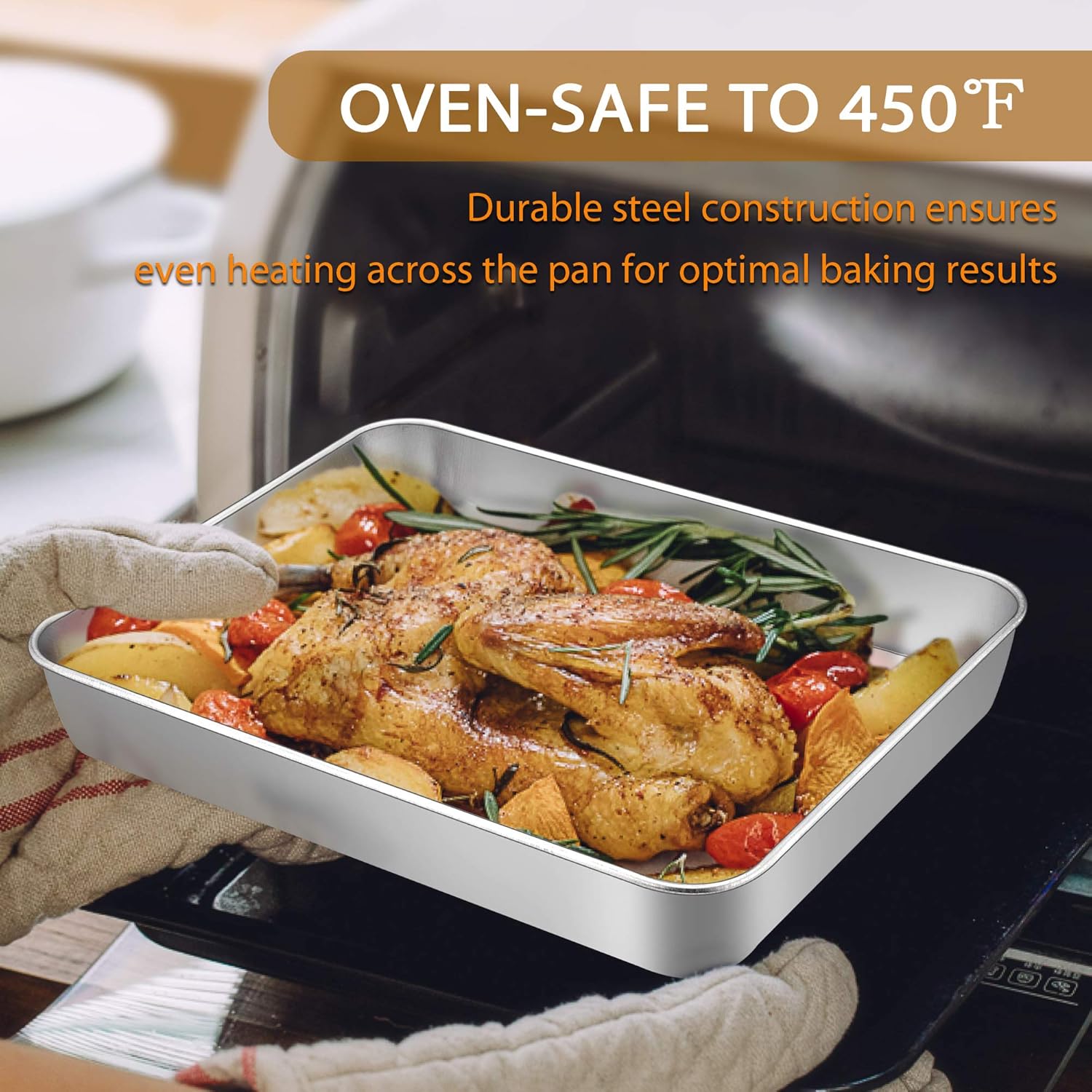 Baking Pans Set of 3, E-far Stainless Steel Sheet Cake Pan for Oven - 12.5/10.5/9.4Inch, Rectangle Bakeware Set for Cake Lasagna Brownie Casserole Cookie, Non-toxic & Healthy, Dishwasher Safe: Kitchen & Dining