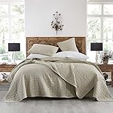 HORIMOTE HOME Quilt Set King Size, Stone-Washed Chic Rustic Beige Coverlet with Classic Triangle Stitched Pattern, Ultra Soft Lightweight Quilted Bedspread for All Season, 3 Pieces