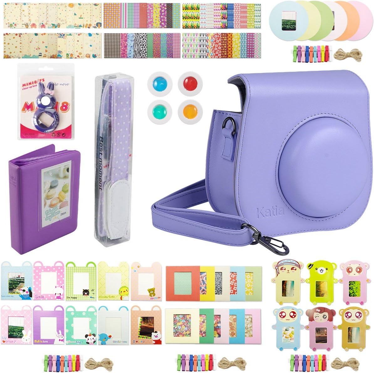 Katia Camera Accessories for Fujifilm Instax Mini 9 or Mini 8 Instant Film Camera - Fuji Case Grape with Strap, Photo Album, Frame, Selfie Len, Filters, Stickers & More. - 12 in 1