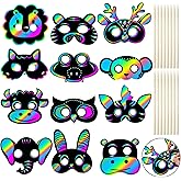 Realspring 60 Pcs Animal Themed Scratch Paper Mask DIY Set for Costume Dress up Party Supplies DIY Creative Decorations