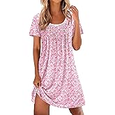 Ekouaer Nightgowns for Women Pleated Sleep Shirts Short Sleeve Night Shirts Lace Trim Night Gown Ladies Sleep Dress