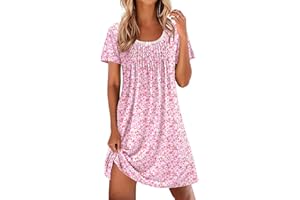 Ekouaer Nightgowns for Women Pleated Sleep Shirts Short Sleeve Night Shirts Lace Trim Night Gown Ladies Sleep Dress