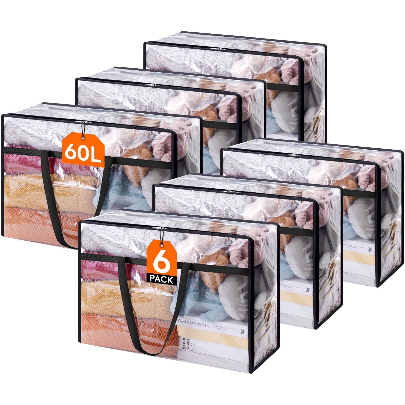 Lifewit 6 Pack Clear Plastic Storage Bags, 60L Foldable Clothes Storage Boxes Wardrobe Storage Organizer Moving Bags with Reinforced Handle for Loft Wardrobe for Bedding Clothes Blanket Duvet