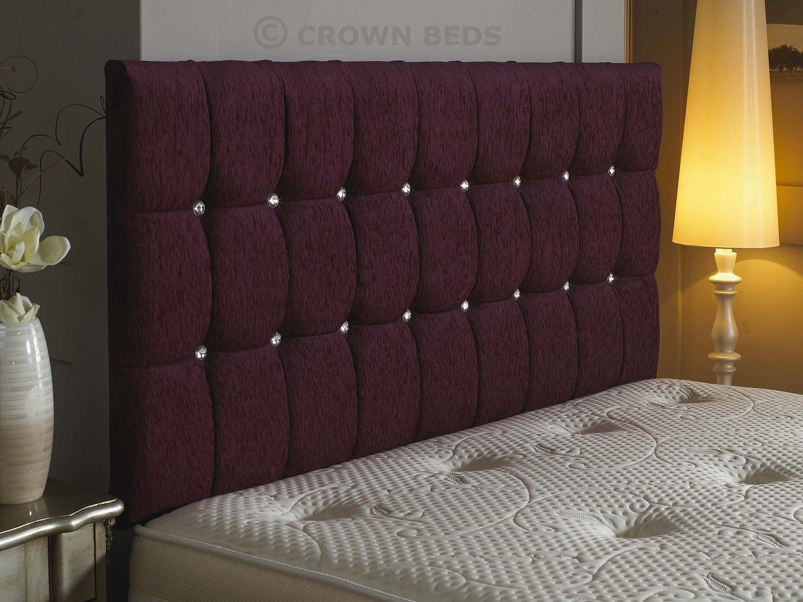 CROWNBEDSUK Omega diamante chenille headboard in 2ft6,3tf,4ft,4ft6,5ft,6ft (4FT SMALL DOUBLE, Aubergine)