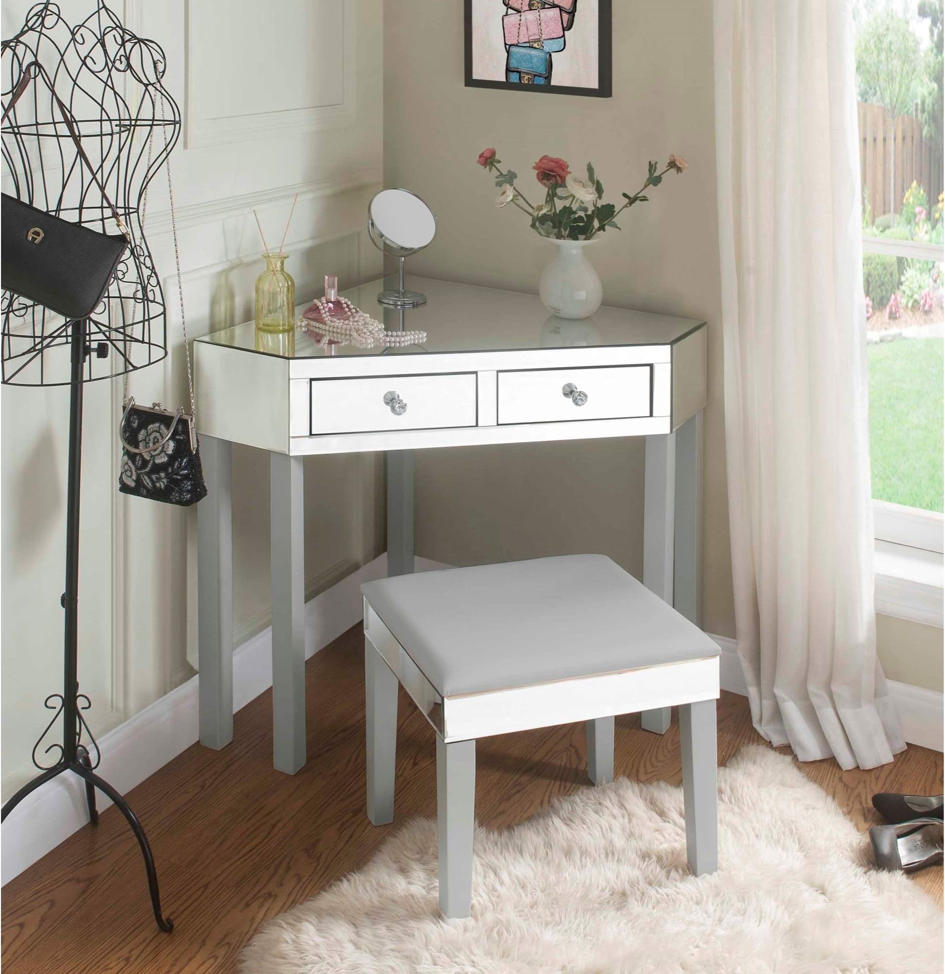 Inspired Home Grey Mirrored Vanity Set - Design: Amaris | 2 Drawers | 2 Piece Set | Corner Table with Stool