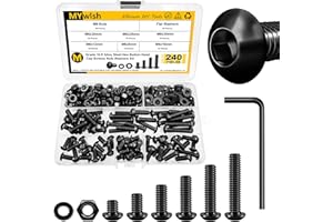 Mywish 240 Pieces M6 Screw Nuts and Bolts Assortment Kit, 10.9 Grade Alloy Steel, Nuts and Bolts Button Head Socket Cap, Flat Washers Hex Wrenches M6*8/12/16/20/25/30mm Black, Fully Threaded