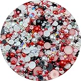 Mix Flatback Pearls and Rhinestone,60g Resin Rhinestones Half Round Pearls for Crafts 3mm-10mm AB Color Half Pearl Flatback Rhinestone for Nail Face Art,Bottles (Red Black White Series)