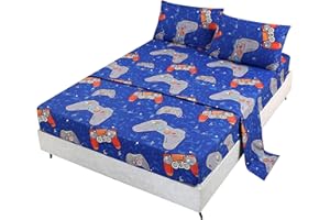 SDIII 4PCS Blue Gamer Sheets Set Twin, Soft Microfiber Gaming Bed Sheet, Games Console Twin Sheets Set for Boys Girls Kids and Teens All Season