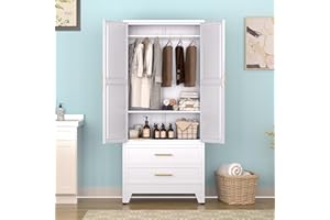 CKZBX 71" H Metal Armoire Wardrobe Closet with 2 Drawers, Adjustable Shelve, Clothes Drying Pole, Steel Wardrobe Cabinet for Bedroom (White)