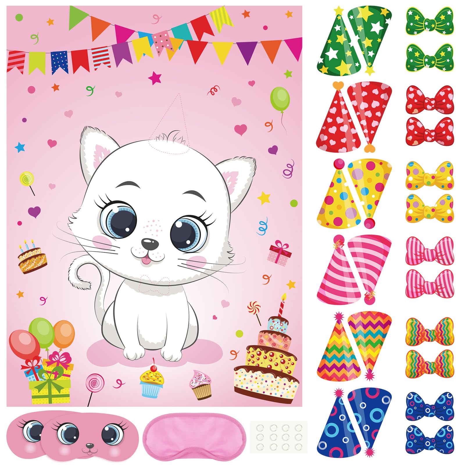 Photo 1 of PLULON Cat Party Game for Kids Pin The Hat Bow Tie on The Cat Birthday Game Poster for Boy Girl Birthday Summer Party Favors Wall Decorations Classroom Activities