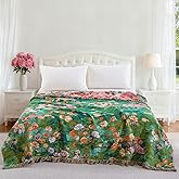 BRYALIX 100% Cotton Muslin Floral Blanket, Super Soft Throw Green for Couch, Bed Chair Quilt Travel Blankets, Reversible Jacquard Fall Coverlet, Lightweight Boho Farmhouse Picnic Blankett, 90"x98"