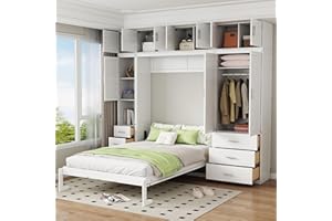 Ball & Cast Full Size Murphy Bed,Wall Cabinet Bed with Lockers and Wardrobes,Wood Folding Hideaway Platform Bedframe w/Slat Support,Space-Saving Furniture for Guest Room,Study,Office,White