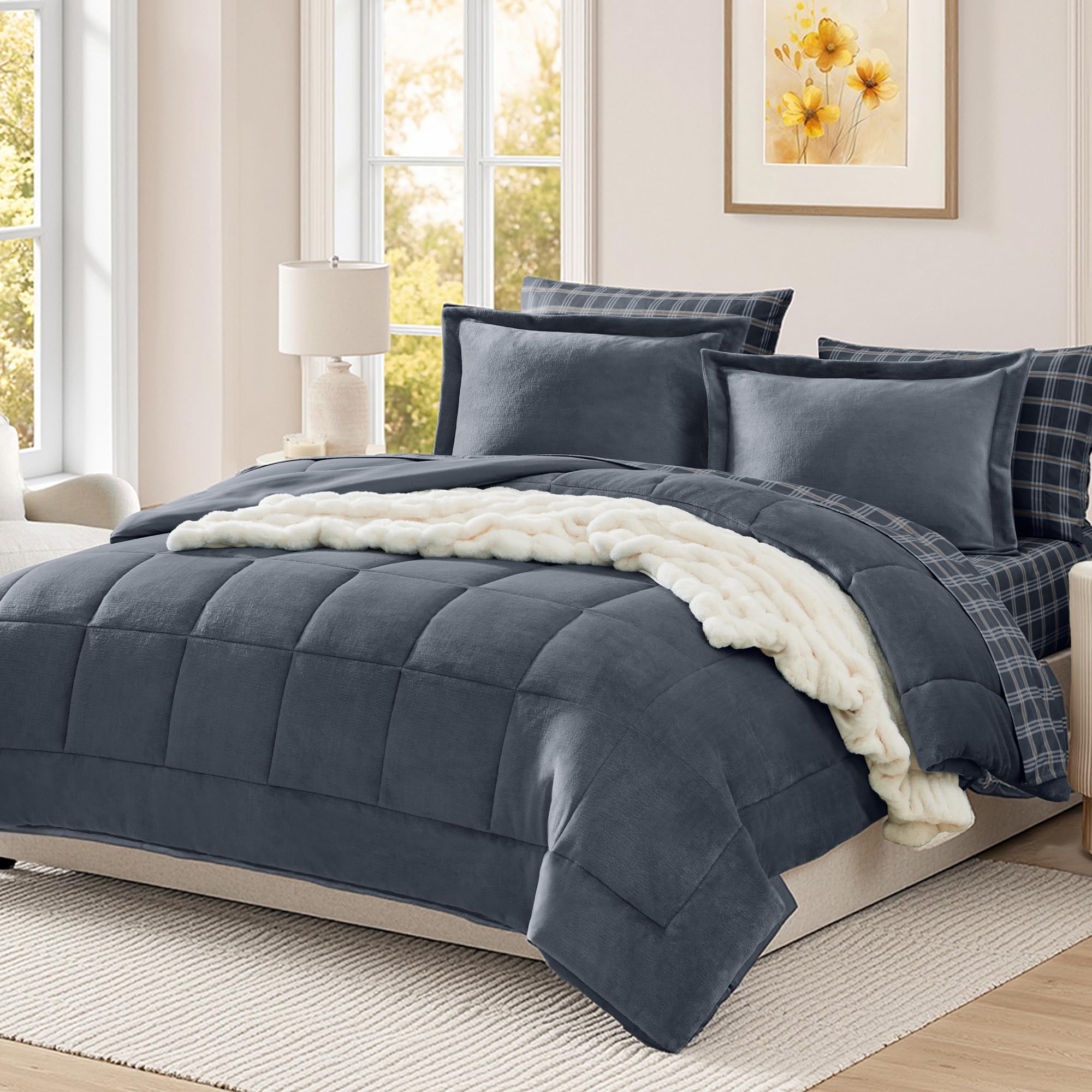 Photo 1 of AMBERSPACE Plush Queen Comforter Set Blue Grey, Flannel Velvet Comforter Sets 7 Pieces Bed in a Bag, Soft Warm Winter Bedding Set with Sheets, Pillowcases & Shams