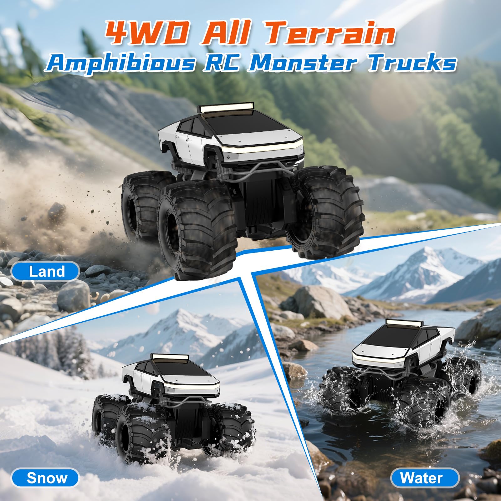 Amphibious Remote Control Car, 1:18 Monster Truck Toys for Boys RC Cars, 2.4 GHz Waterproof RC Trucks, 4WD All Terrain Off-Road Pickup, Kids Christmas Birthday Gifts Present Boys Girls Toys Ages 6+